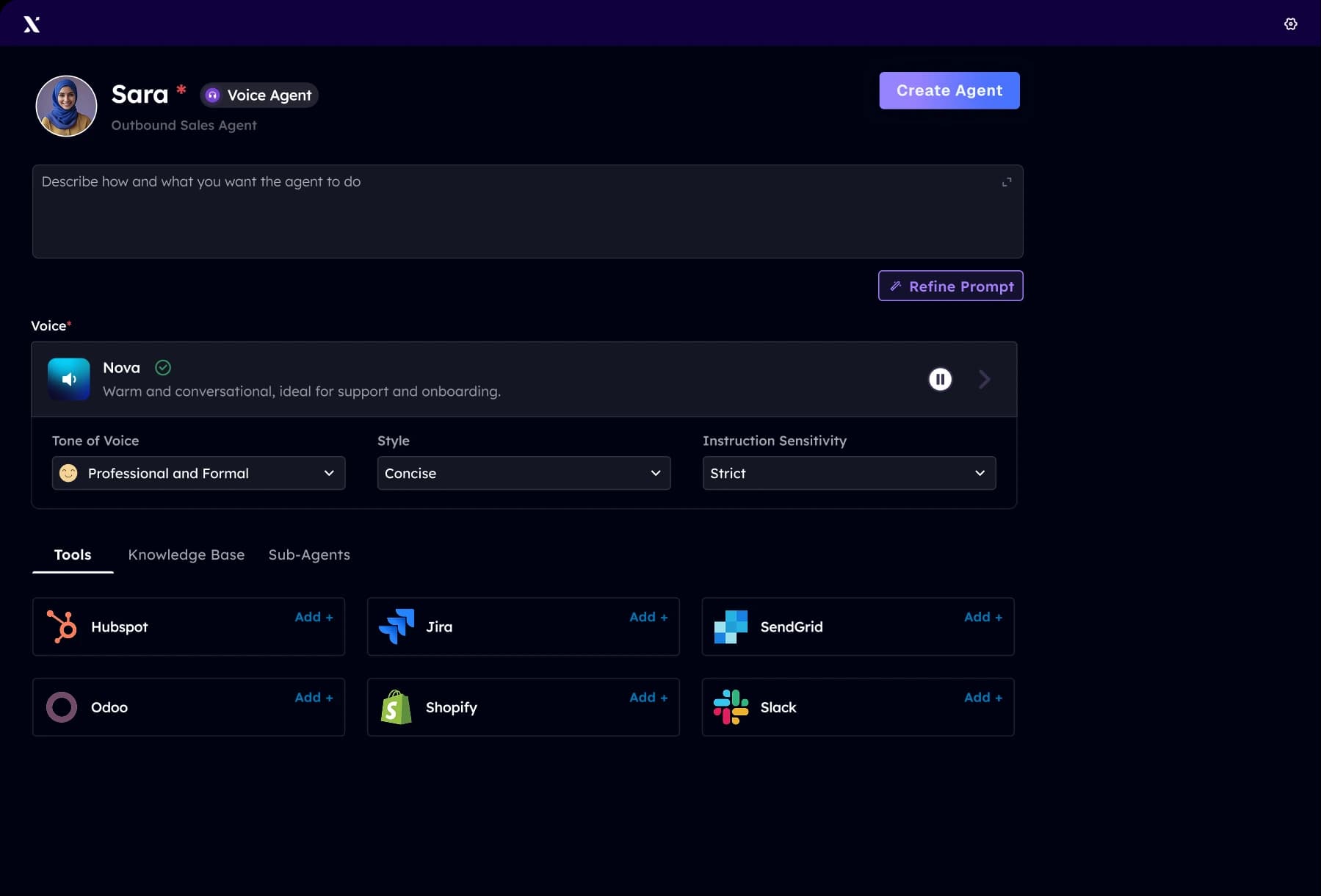 Voice AI agent setup interface